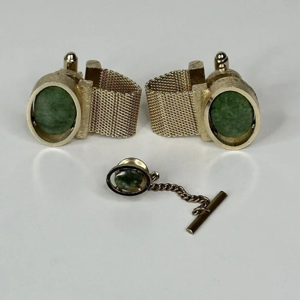 Dante Gold Tone Mesh Cufflinks & Tie Tack Set Green Stone Vintage Mens
